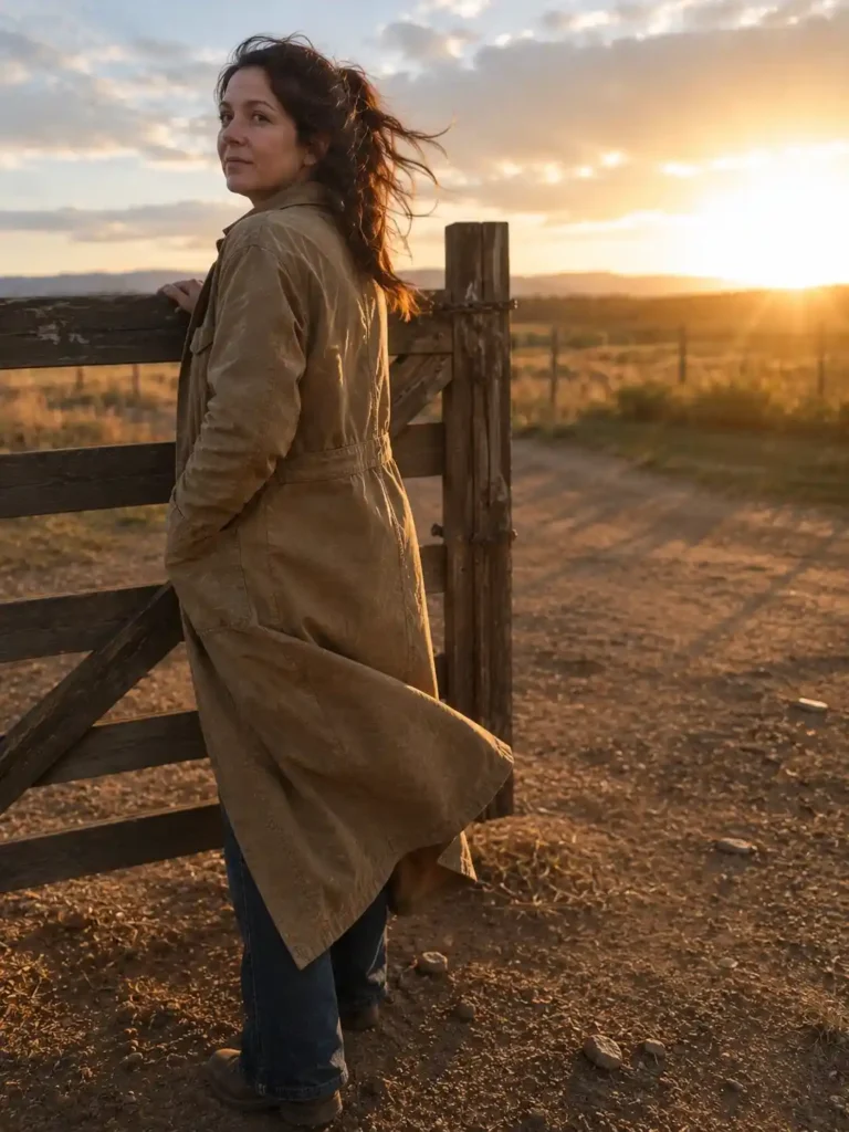 Image prompt: A real American woman stands near a water trough on an overcast, slightly damp morning. She wears waterproof leather boots in dark brown, the leather showing a subtle water-resistant sheen and natural creasing at the ankle, paired with jeans rolled once at the hem. She's looking down at the ground near the trough, one hand resting on the trough's metal edge, her posture relaxed and unposed. Her hair shows slight dampness from the misty air. Skin looks real and matte, no gloss. Shot on an iPhone, front-facing, slightly below eye level, soft diffused overcast light with muted, even shadows. Background shows wet dirt ground, a metal trough, and a blurred fence line. Natural grain, framing slightly off-center to the left.