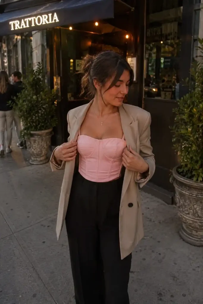 Baby pink corset top under a blazer