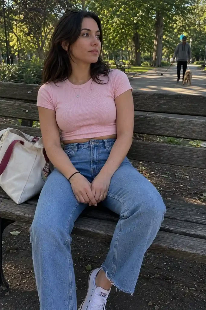 Baby pink crop top and mom jeans