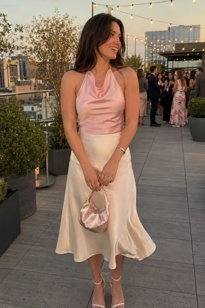 Baby pink halter top with a satin midi skirt