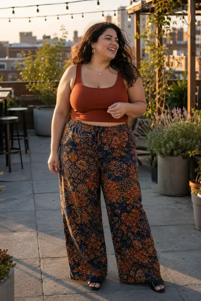 Batik print pants with a fitted crop top