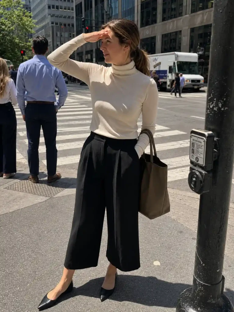 Culottes and a fitted turtleneck