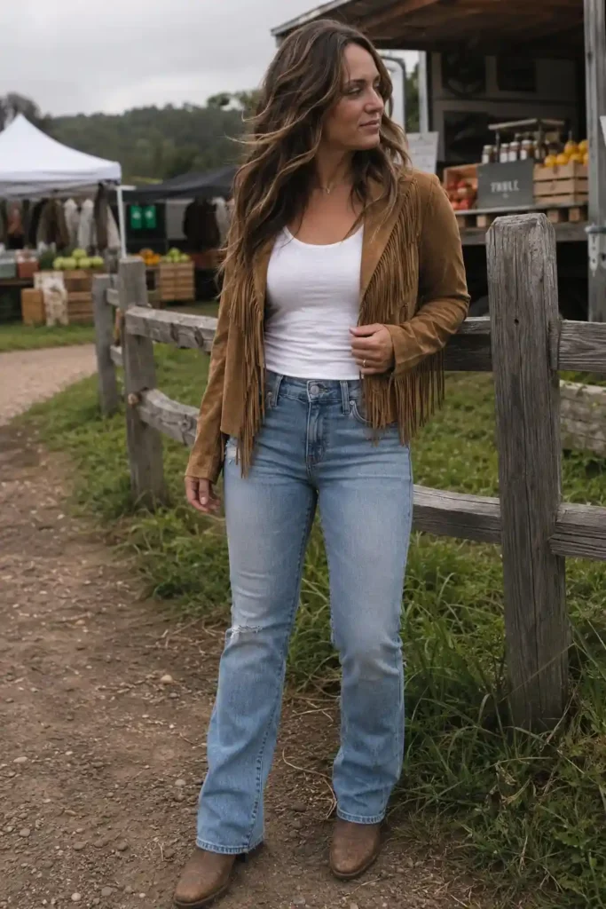 Distressed straight-leg with a fringe jacket
