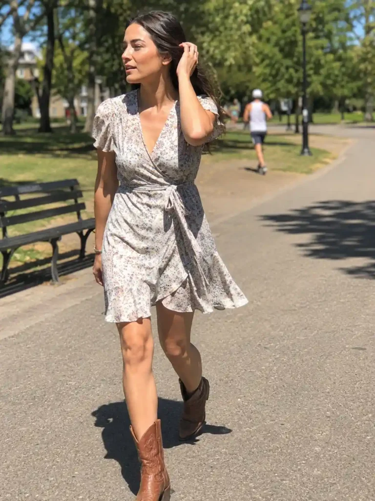 Wrap dress with cowboy boots