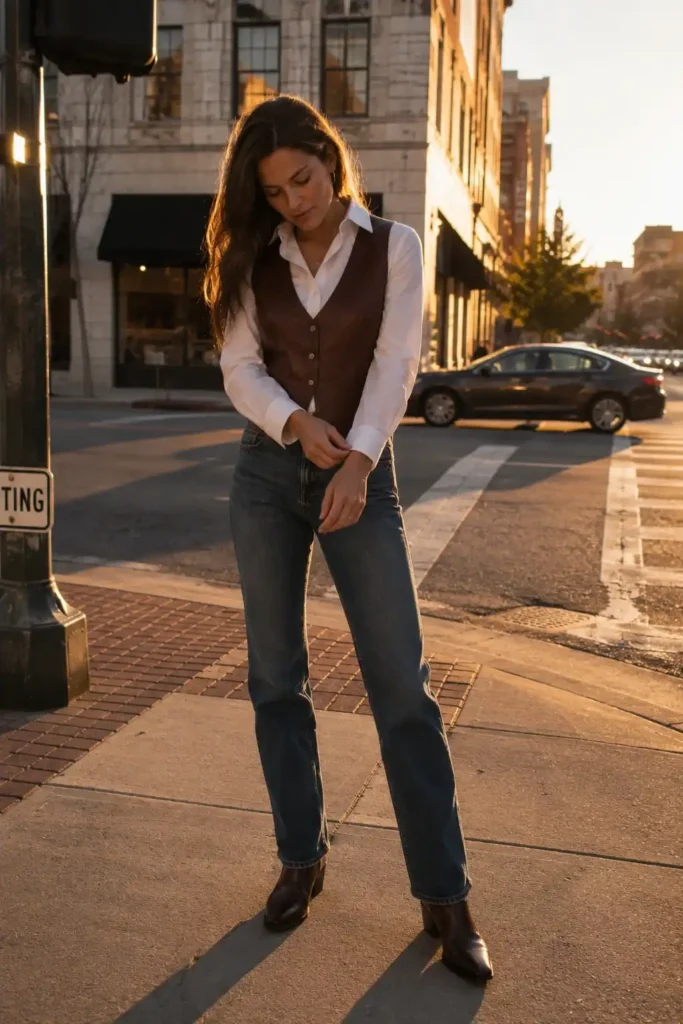 Leather vest over a button-down
