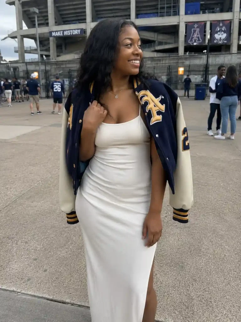 Letterman jacket over a dress