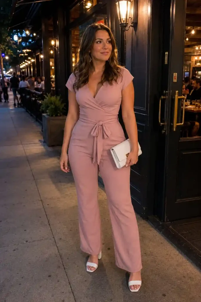 Pink jumpsuit with white heels