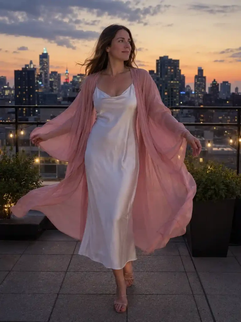 Pink kimono over a white slip dress