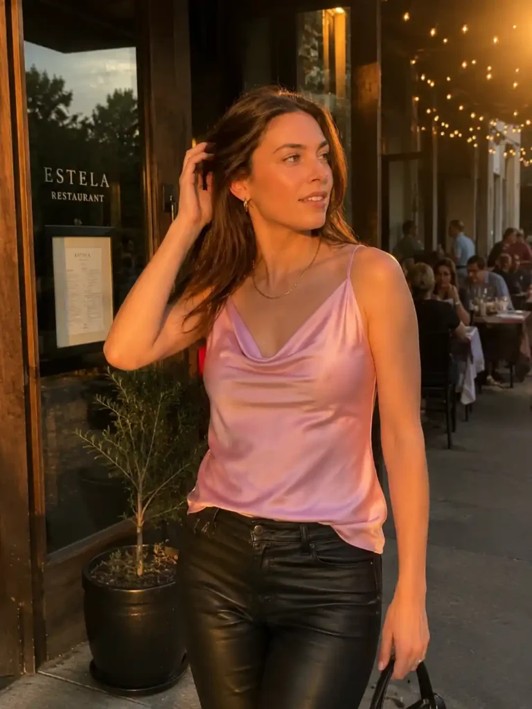 Pink satin top + black