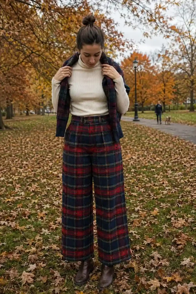 Plaid or tartan trousers