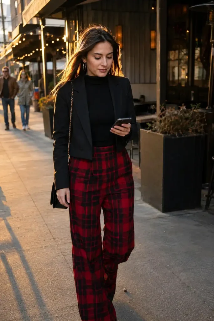 Plaid pants with a fitted turtleneck