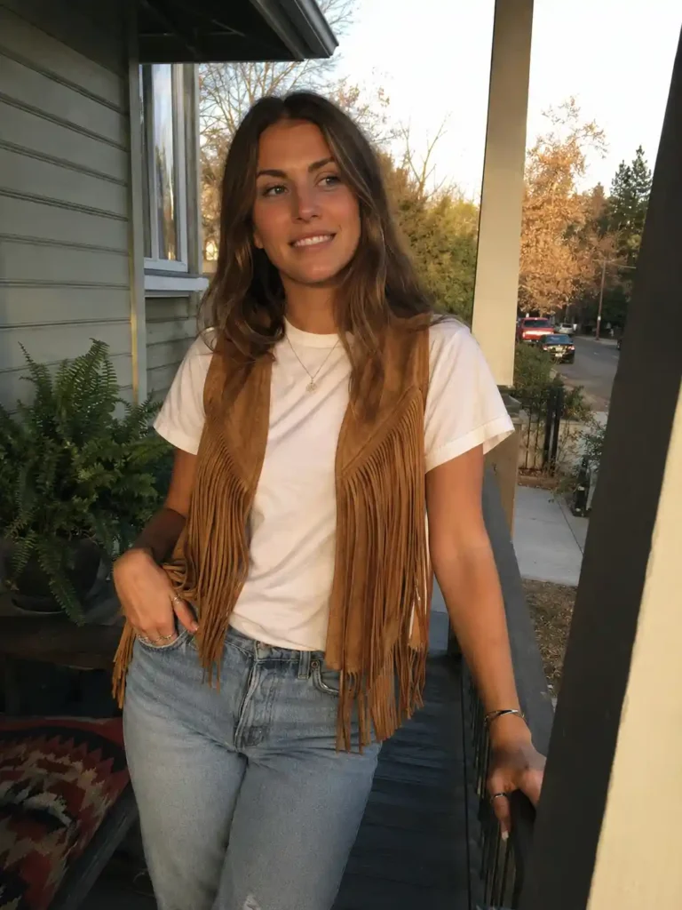 Suede fringe vest over a plain tee