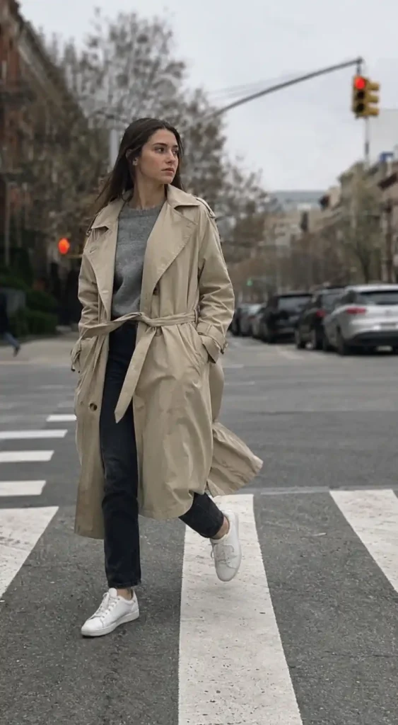 The classic trench and sneakers pairing