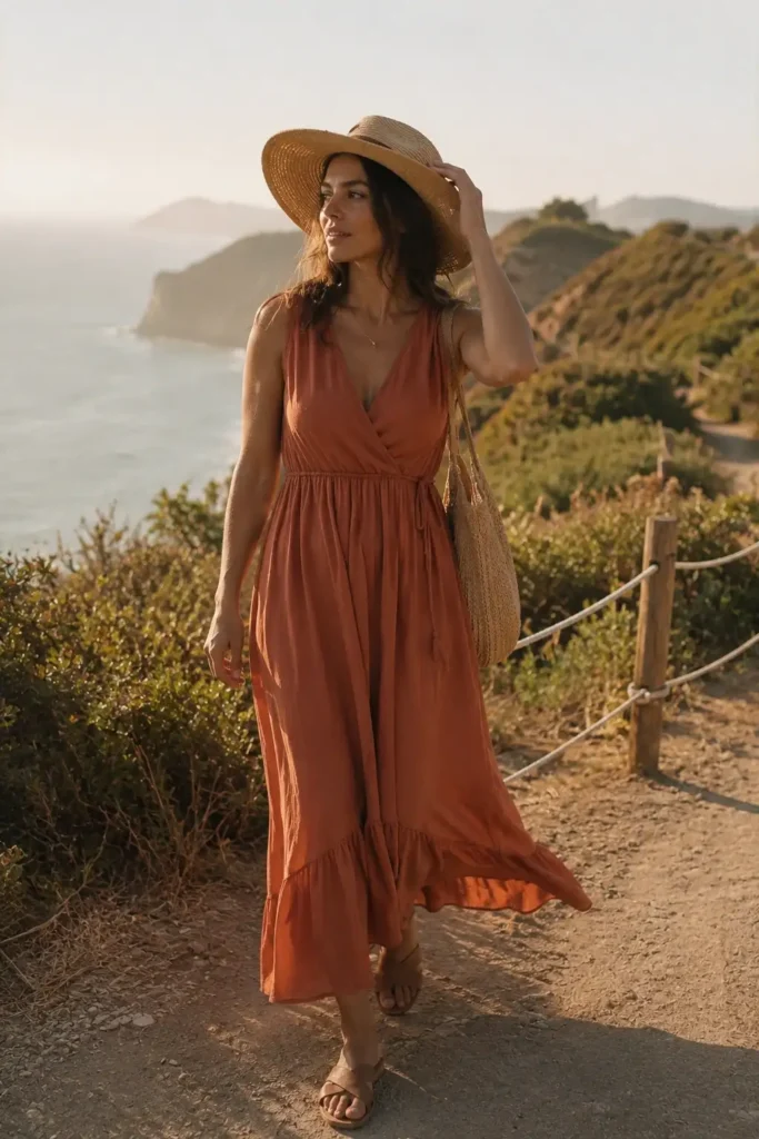The maxi dress with a straw hat