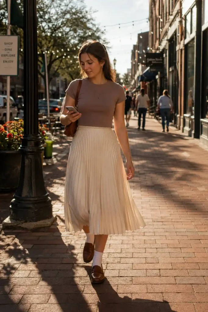 The midi skirt and loafer combo )(Women )