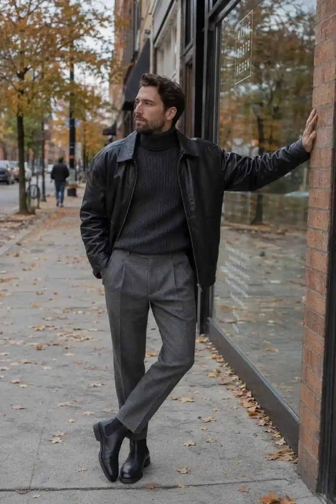Prompt: A real American man standing on a front porch in early fall, wearing an oversized leather jacket over a red and black flannel shirt, raw denim jeans, and worn work boots. He's mid-motion rolling up his flannel sleeve with one hand, natural masculine fingers gripping the cuff, a rake leaning against the porch railing beside him. His expression is focused but relaxed, looking down at his sleeve, not at the camera, completely natural and unposed. Shot on an iPhone from a front angle, warm early-afternoon daylight with slightly golden undertones typical of fall sun, soft shadows falling across the porch floorboards. Background shows a pile of raked leaves, a porch chair, and a house facade slightly out of focus. The flannel shows natural creasing at the rolled cuff and a slight looseness at the collar where it's unbuttoned at the top.

