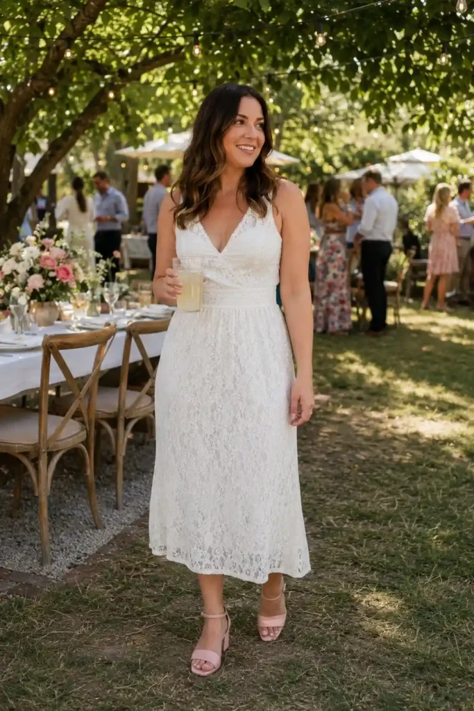 White lace dress with pink heels