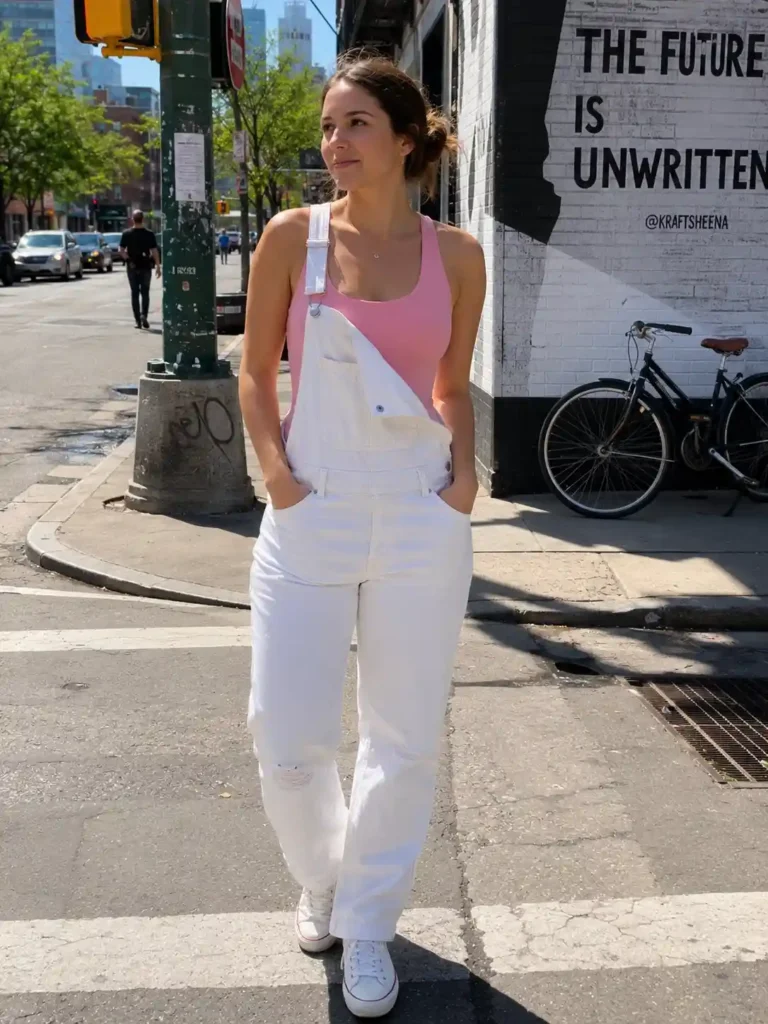  White overalls with a pink bodysuit