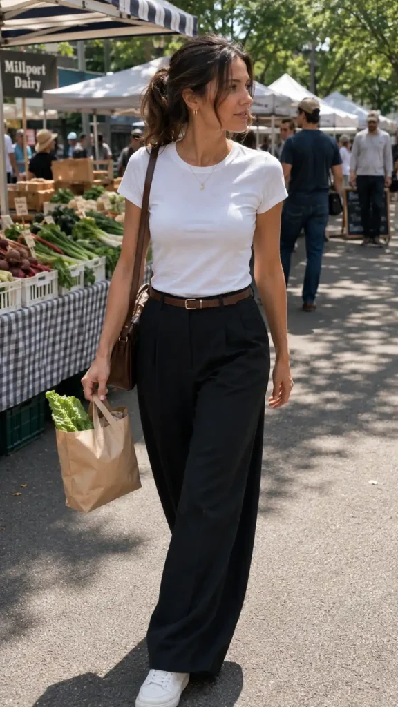  Wide-leg tailored trousers with a simple tee