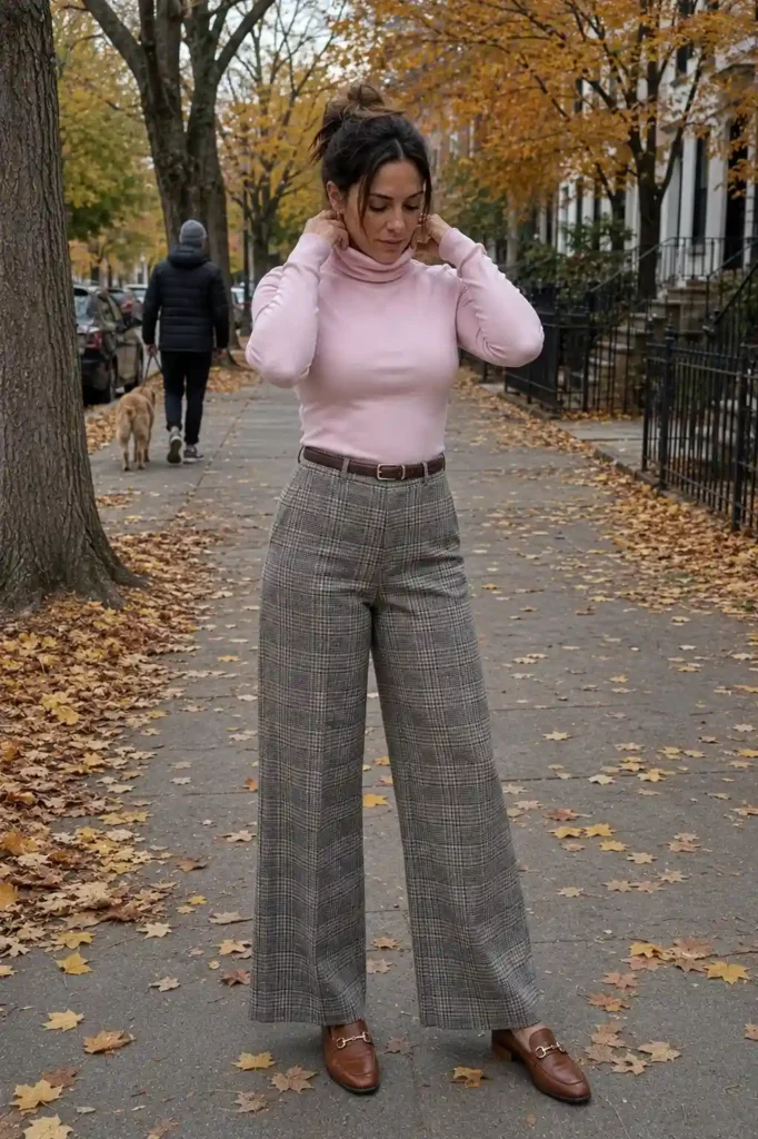 aby pink turtleneck and plaid trousers