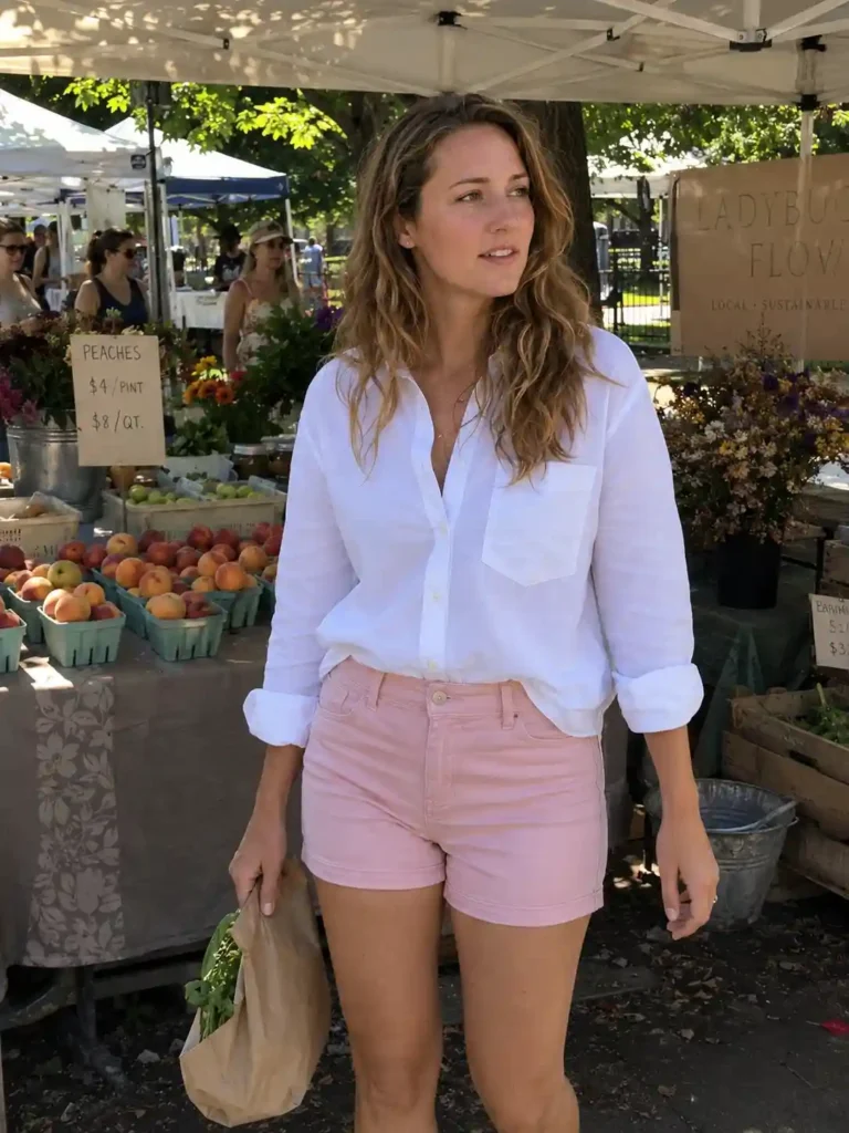 hite button-down with pink shorts