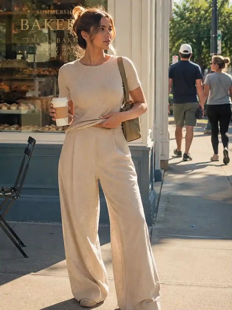 ide-leg trousers with a fitted top