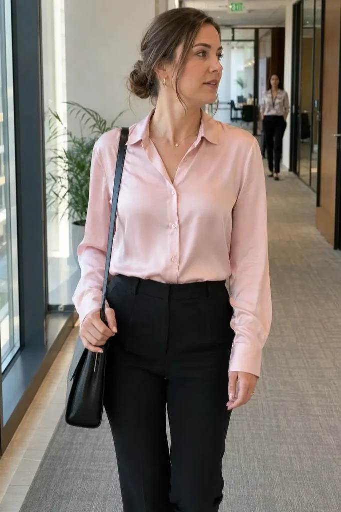 ilky baby pink blouse and black trousers