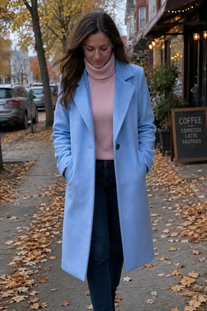A baby blue wool coat