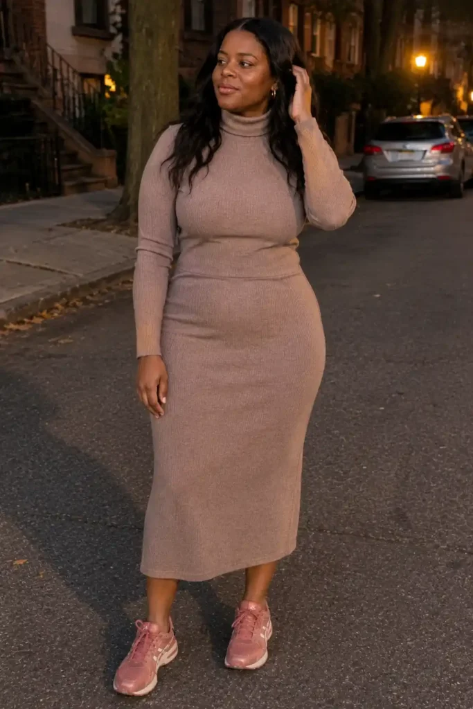 A fitted turtleneck dress