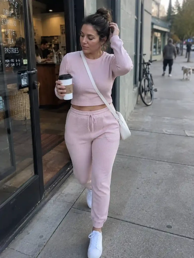 Baby pink athleisure set with white sneakers