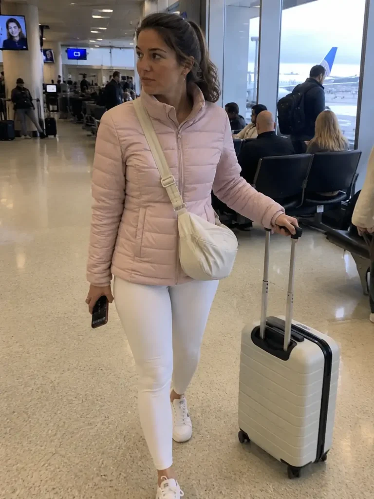 Baby pink puffer with white leggings