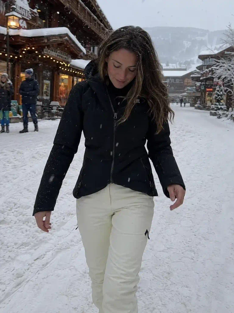 Black jacket, tan or cream pants