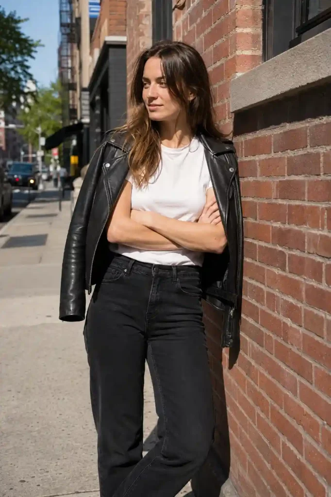 Black jeans with a leather jacket