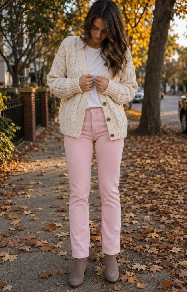 Cable-knit cardigan and ankle boots