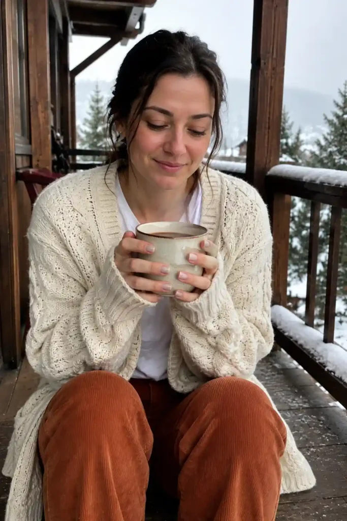 Cable-knit cardigan with corduroy pants