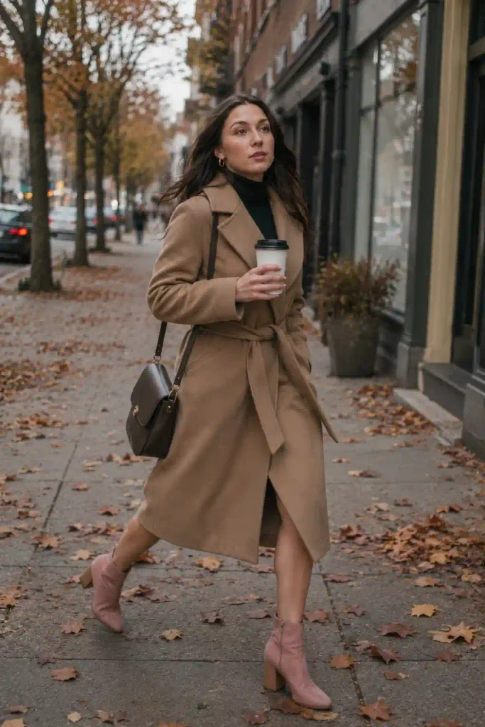 Camel coat and black turtleneck