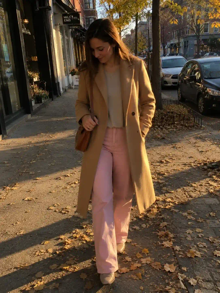 . Camel coat and pin
