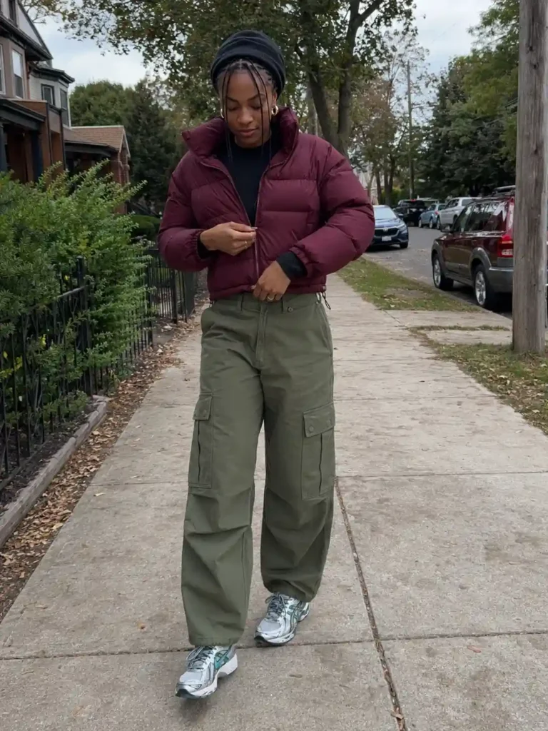 Cargo pants and a cropped puffer