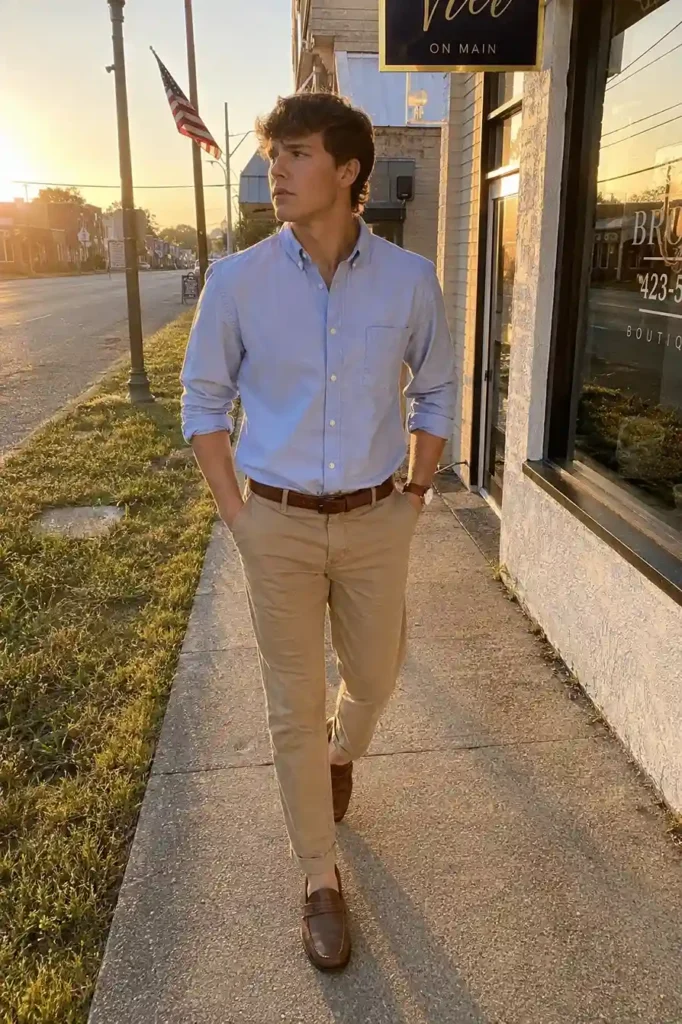 Clean button-up, sleeves rolled