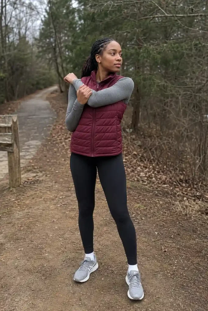 Compression leggings and a puffer vest