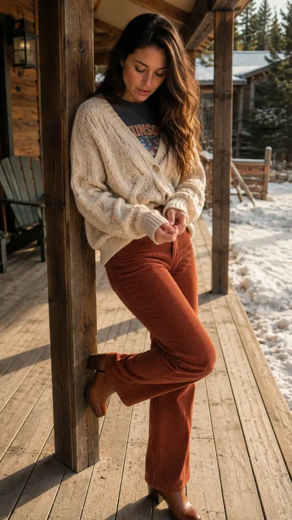 Corduroy pants + a graphic tee under a knit