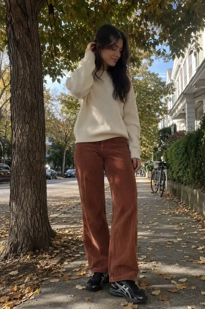 Corduroy pants and a knit sweater