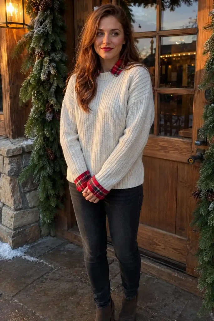 Cream chunky sweater with red plaid accents