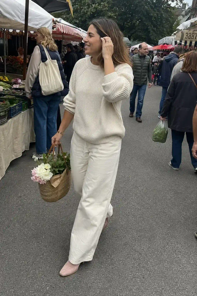 Cream sweater and wide-leg