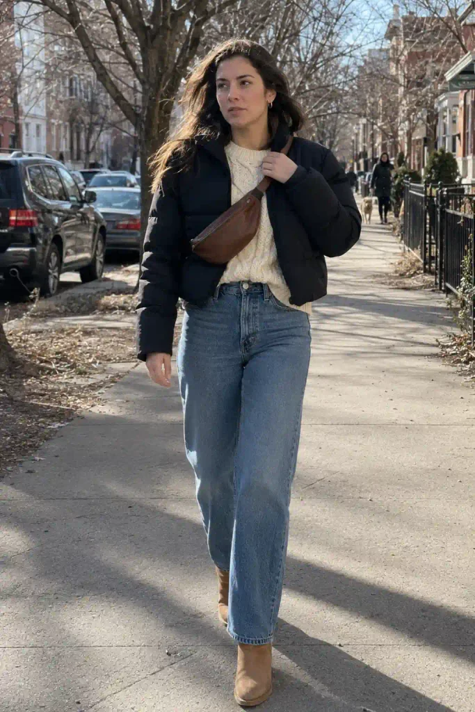 Cropped puffer with high-waisted jeans