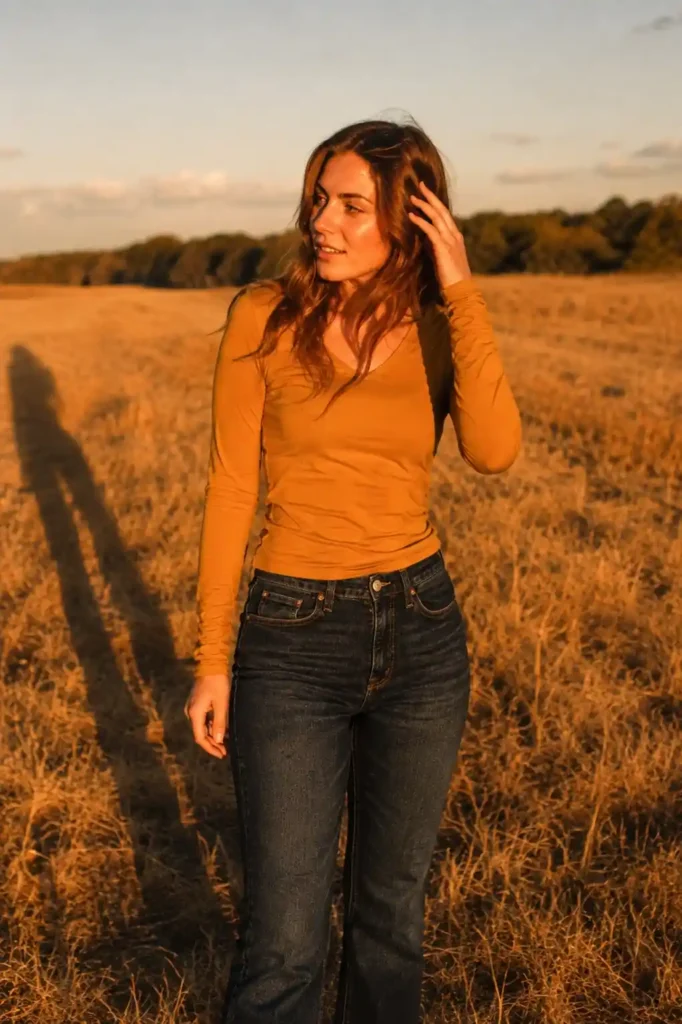 Dark denim with a bold color top, like