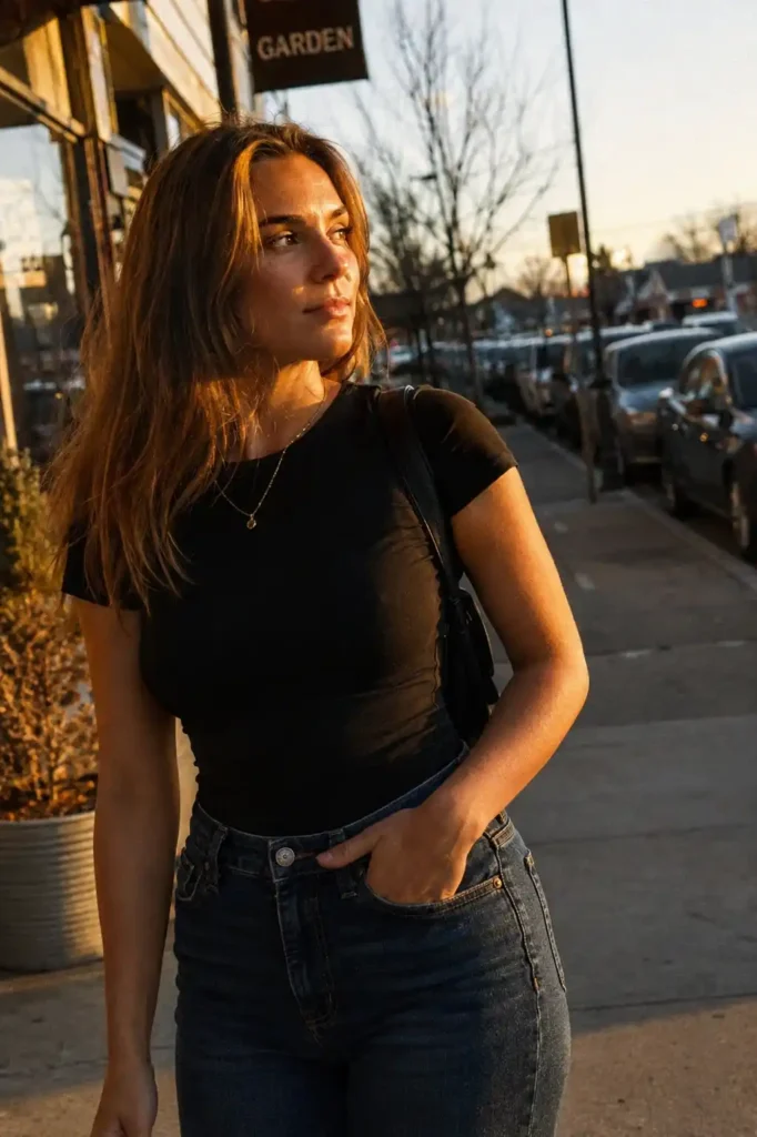 Dark denim with a simple black top