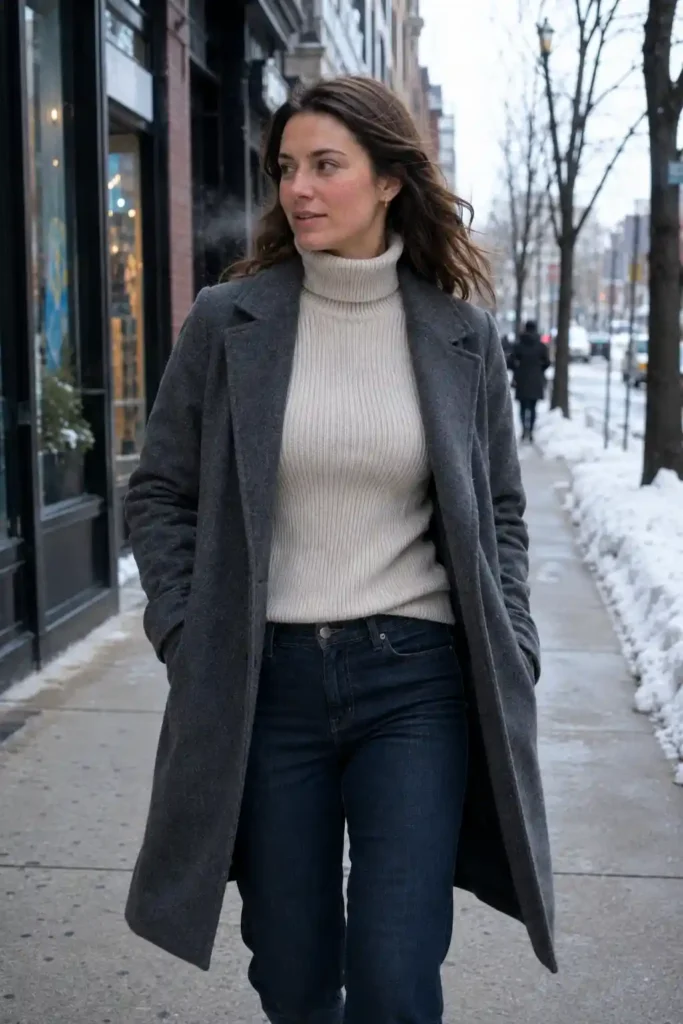 Dark denim with a turtleneck and