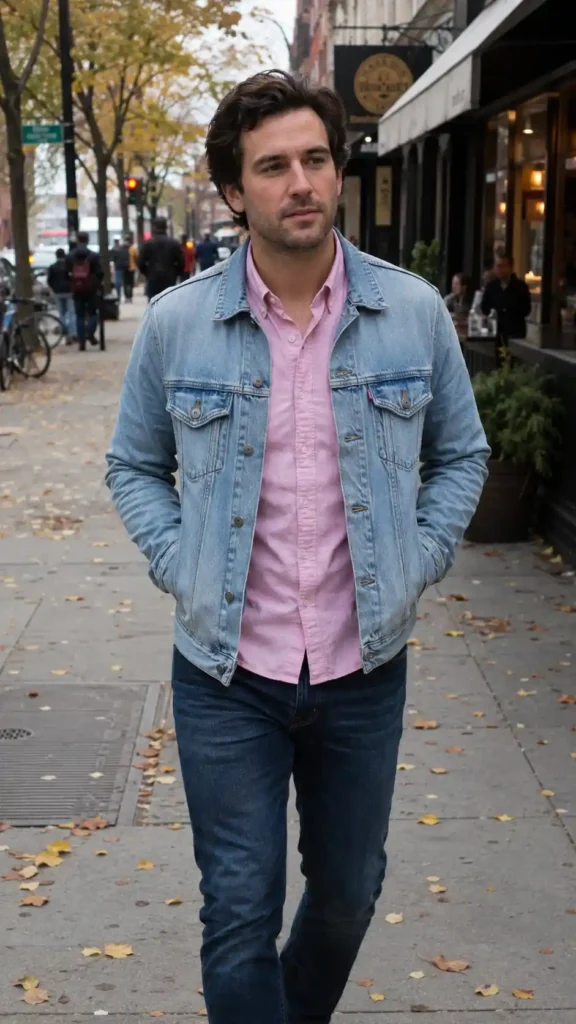 Denim jacket layered over pink