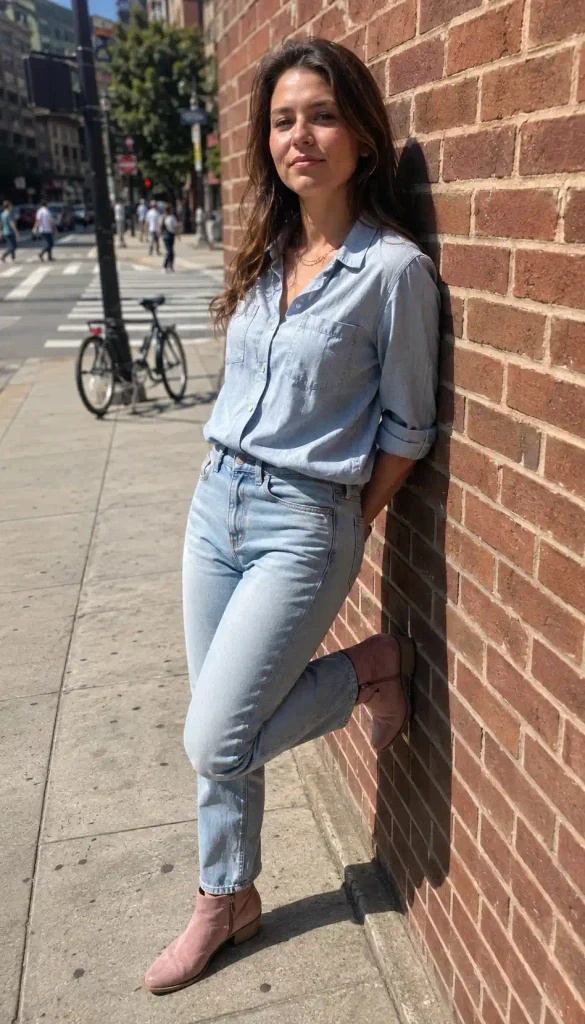 Prompt: A real American woman in her early 30s stands outside a restaurant entrance at dusk, glancing over her shoulder as if someone called her name. She wears a silk slip dress in a soft blush tone that drapes naturally down her frame with visible fabric movement at the hem, bare legs, and light pink cropped ankle boots with a subtle heel. A small satin clutch is held loosely at her side. Her hair has a natural loose wave with a flyaway strand near her temple. Her expression is caught mid-turn, natural and slightly surprised, not a posed glance. Warm golden hour light glows behind her, rim-lighting her hair and shoulder, with string lights from the restaurant patio softly blurred in the background. Shot on an iPhone, natural grain, warm tones, slightly off-center framing with motion blur in her turning hair.